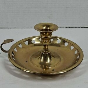 Vintage Solid Brass Chamberstick Candle Holder‎ Heart Cutout Rim Finger Loop 6in
